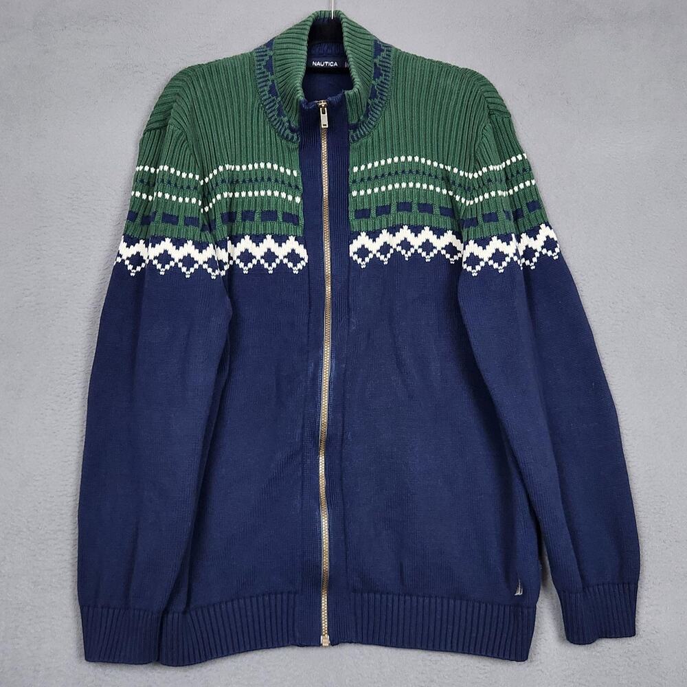 Nautica Sweater Mens 2XL Blue Green Cotton Full Zip Mock Neck Fair Isle Knit